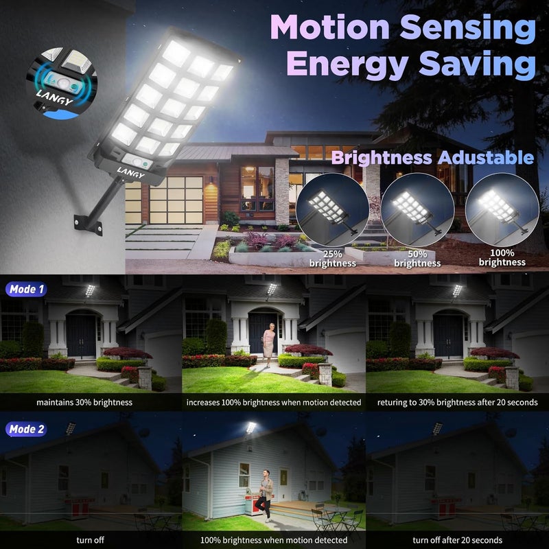 LANGY Solar Street Lights Outdoor Waterproof 4pcs, 6500K 60000LM Wide Angle Solar Powered Flood Lights with Motion Sensor & Remote Control, Dusk to Dawn Commercial Solar Outdoor Lights for Parking - Image 5